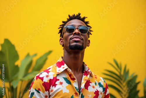 Black man wearing sunglasses and a bright floral shirt looks upward against a yellow background