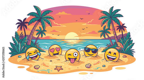 Fotografía Smiling emojis on sandy beach vacation 2.