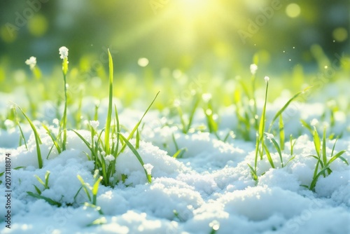 Bright sunlight illuminates green grass blades pushing through patches of melting white snow
