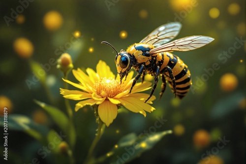 Close up of a stylized yellow and black bee hovering above a bright yellow flower blossom