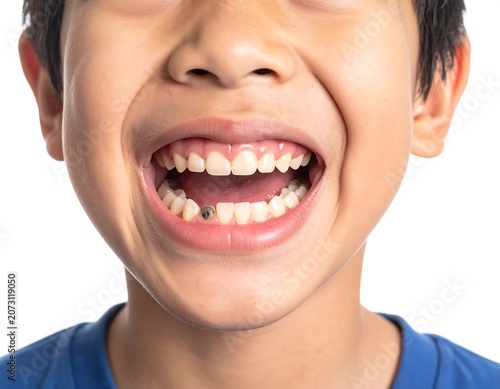 A close-up of a smiling child with dark hair and a blue shirt