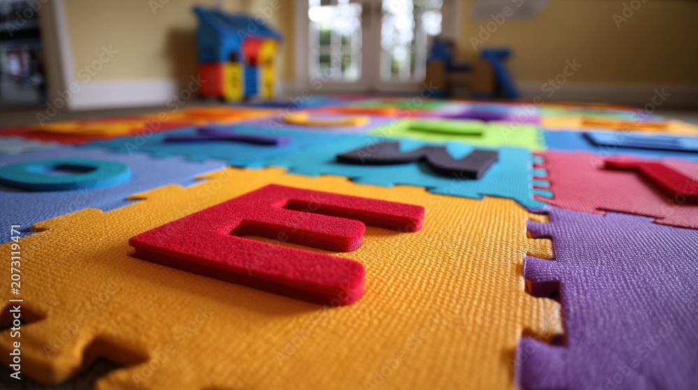 Fototapeta premium Closeup medium view of a kindergarten play area featuring bright foam letters on mats designed to foster early literacy and motor coordination.
