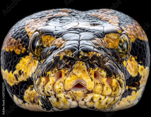 A close-up of a snake's head showcasing its vibrant yellow, black, and white scales