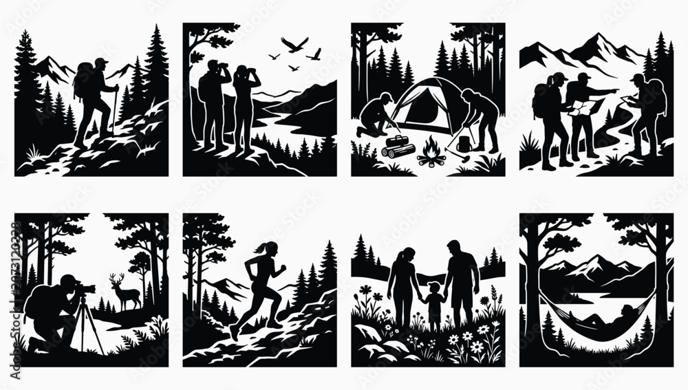 Obraz premium Outdoor Adventure and Nature Exploration Silhouette Collection Featuring Hiking Camping Wildlife and Scenic Landscapes