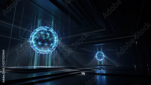 Glowing blue orbs with star patterns in a dark futuristic room