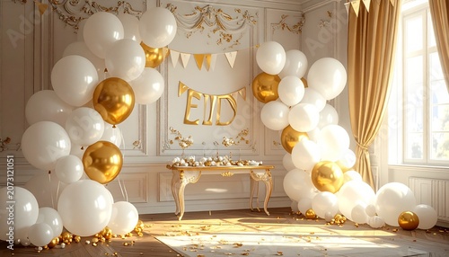 Elegant Eid Celebration Decor with Balloons and Golden Accents.