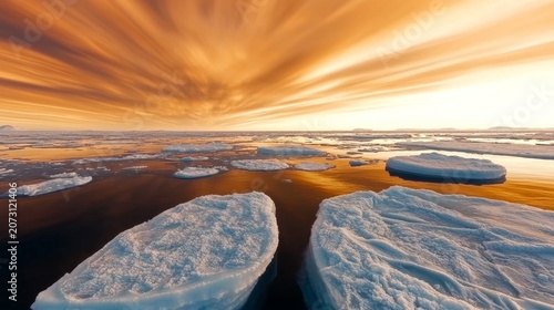 Orange sky over a frozen arctic sea with floating ice floes and icebergs
