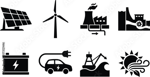 Fotografie Black and white silhouettes of renewable energy sources and power generation met