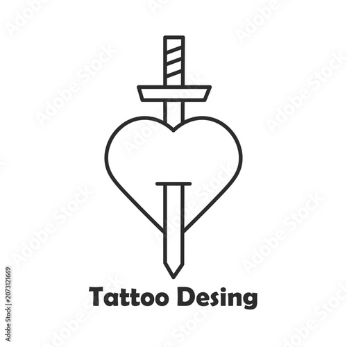 Black line art tattoo design of heart pierced by dagger