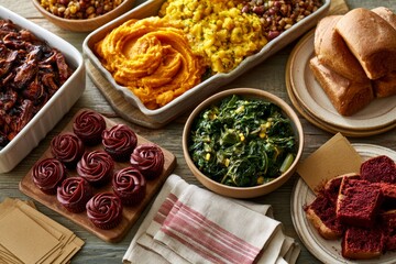 Juneteenth Potluck Spread with Barbecue Sides and Red Velvet Cupcakes
