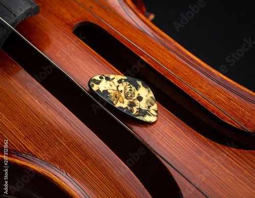 A close-up of a stringed instrument's body and bridge