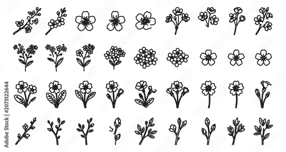Fototapeta premium Hand drawn floral icons set, minimalist black line art flower illustrations, 36 botanical vector elements for wedding stationery and branding