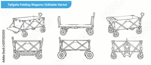 Tableau sur toile Folding utility wagon vector set of line art collapsible garden carts, wheels, basket, and tailgate table for camping, outdoors, shopping, transport gear outline illustrations on white background set