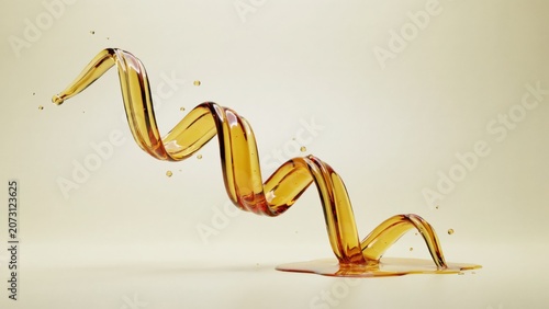 Golden amber liquid spiral flowing on a light beige background