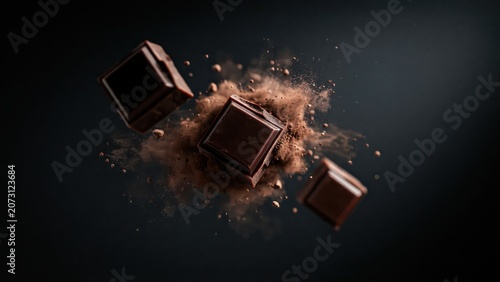 Three dark chocolate squares floating with cocoa powder explosion on black background
