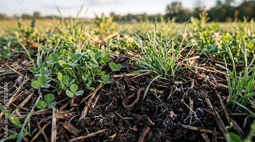 Close-up of earthworms in rich organic compost soil.