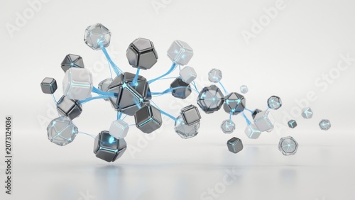 Floating metallic geometric shapes connected by glowing blue lines