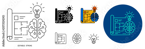 Prompt Engineering, AI Strategy Planning Blueprint with Artificial Intelligence Brain Editable Outline, Solid and Colored Variations Vector Set