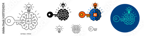 Prompt Engineering, AI Access Key and Intelligent Brain Technology Editable Outline, Solid and Colored Variations Vector Set