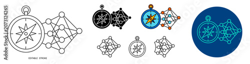Prompt Engineering, AI Navigation Compass and Neural Network Technology Editable Outline, Solid and Colored Variations Vector Set