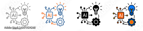 Prompt Engineering, AI Automation Workflow and Intelligent Process Management Editable Outline, Solid and Colored Variations Vector Set