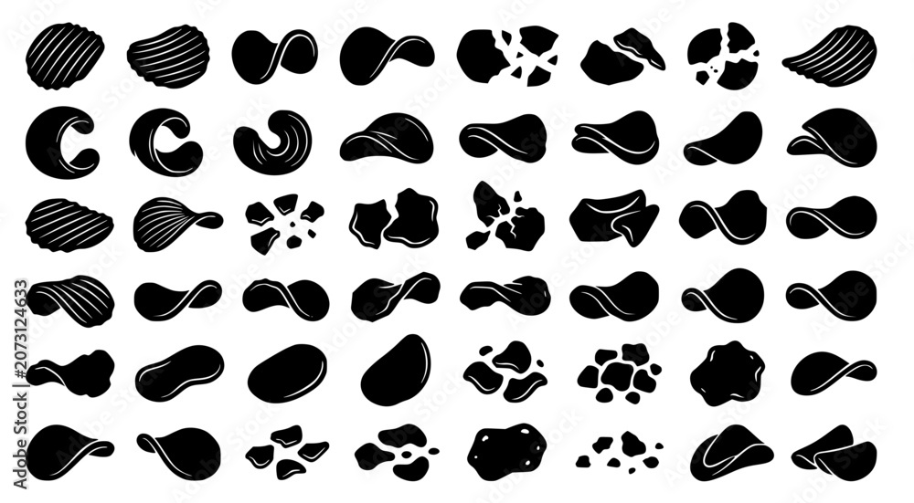 Fototapeta premium Set of potato chip shapes and snack food silhouettes isolated on white for food industry marketing