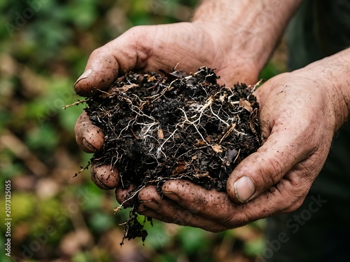 Close up of hands holding rich organic garden compost.