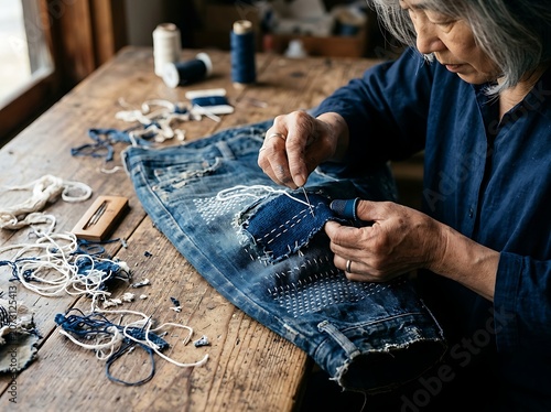 Close-up of hands performing traditional Sashiko mending on denim.