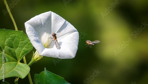 fly collecting nectar from a white bindweed flower