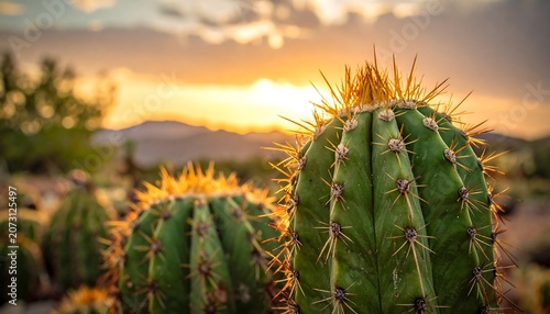 A close-up of a vibrant green cactus with sharp spines in a desert landscape at sunset