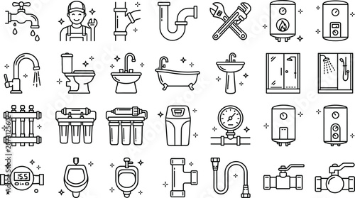 Plumbing service line icon set featuring plumber water heater pipe filter faucet toilet bathtub and shower symbols
