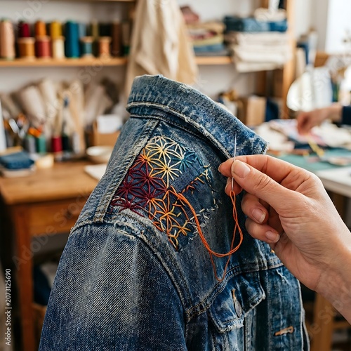 Close-up of hand stitching on denim jacket pocket.