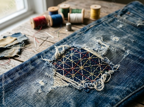 Close up of sashiko mending on distressed blue denim jeans.