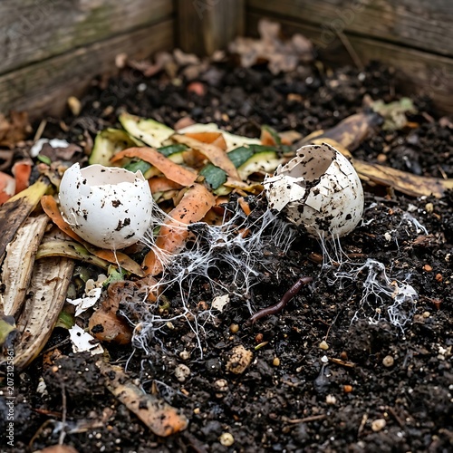 Close up of organic compost with eggshells and soil.