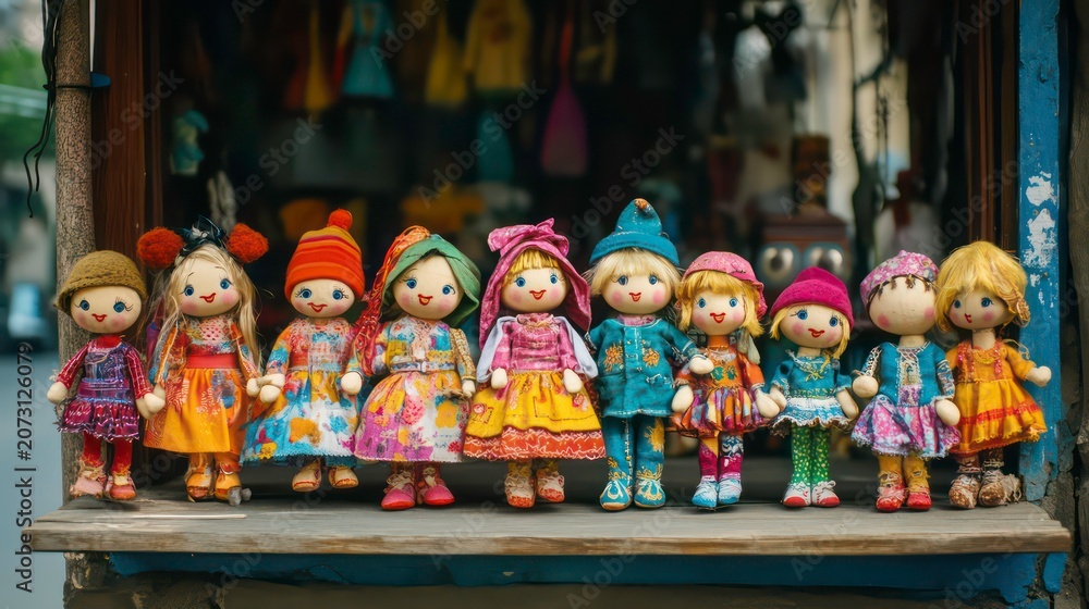 Fototapeta premium A photograph of many homemade dolls in colorful clothes at a puppet theater on a city street.