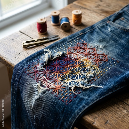 Colorful geometric sashiko embroidery repair on denim jeans.