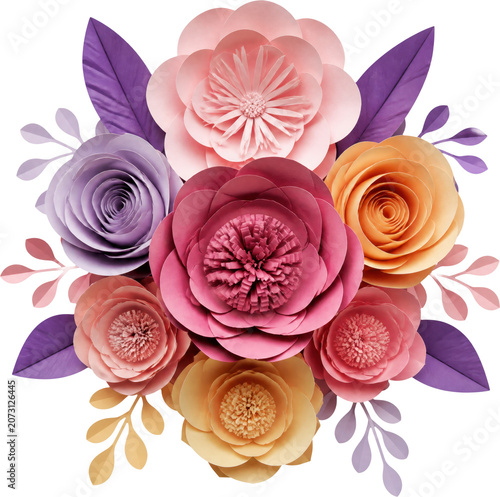 Colorful paper flowers bouquet isolated on transparent background