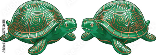 Quadro su tela Two Ornate Jade Green Ceramic Turtle Statues with Intricate Gold Linear Swirl Pa