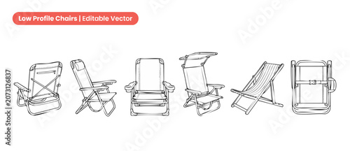 Folding beach chair vector template of low profile camp chairs set in multiple angle views including front, side, back, folded flat, and canopy options for outdoor gear product sketch design layout.