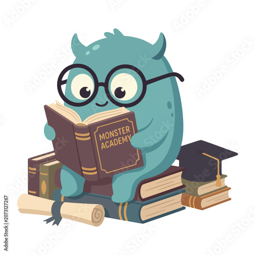 Curious monster wearing glasses enjoys reading a book while sitting on a stack of books and graduation cap