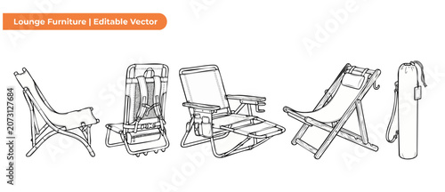 Folding beach chair vector set, deckchair line art outline illustration for summer vacation camping project, minimalist modern lounge furniture icons for outdoor relaxation, travel gear templates.