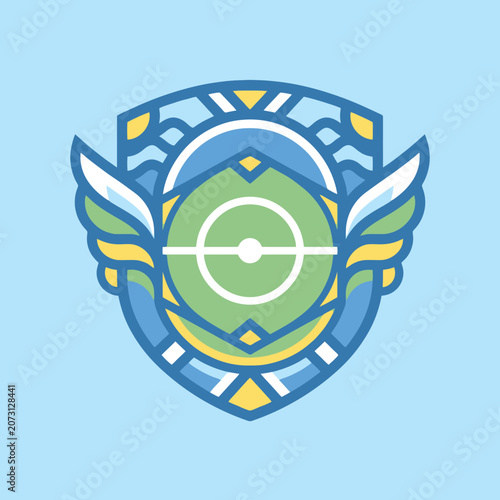 A stylized soccer field crest with wings on a blue background