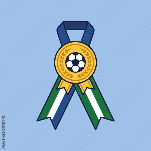 A golden medal featuring a soccer ball icon with colorful ribbons