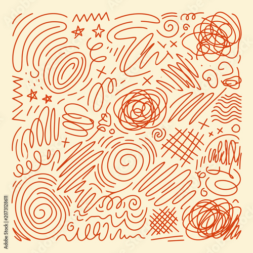A collection of hand drawn abstract red scribbles on beige background