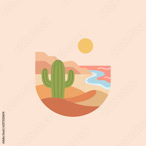 Minimalist desert landscape with a green cactus and sun
