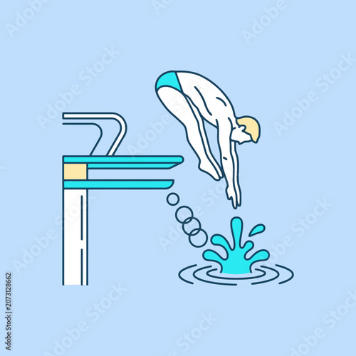 A male athlete dives from a high platform into the water