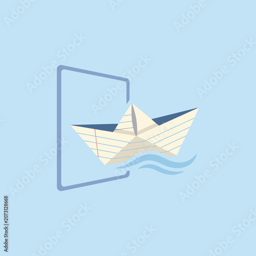 A folded paper boat emerges from a digital tablet screen frame