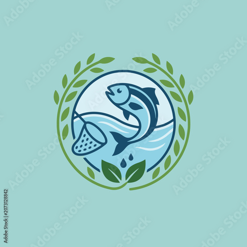 A stylized emblem featuring a jumping fish and a fishing net