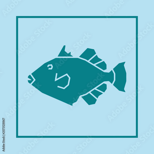 A teal geometric fish icon inside a square frame