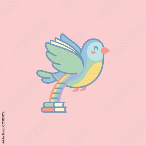 A cute pastel bird flying above a stack of colorful books
